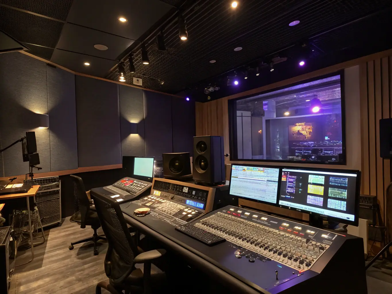 A team reviewing music tracks in a modern recording studio environment, highlighting the collaborative and professional atmosphere of our record label services.